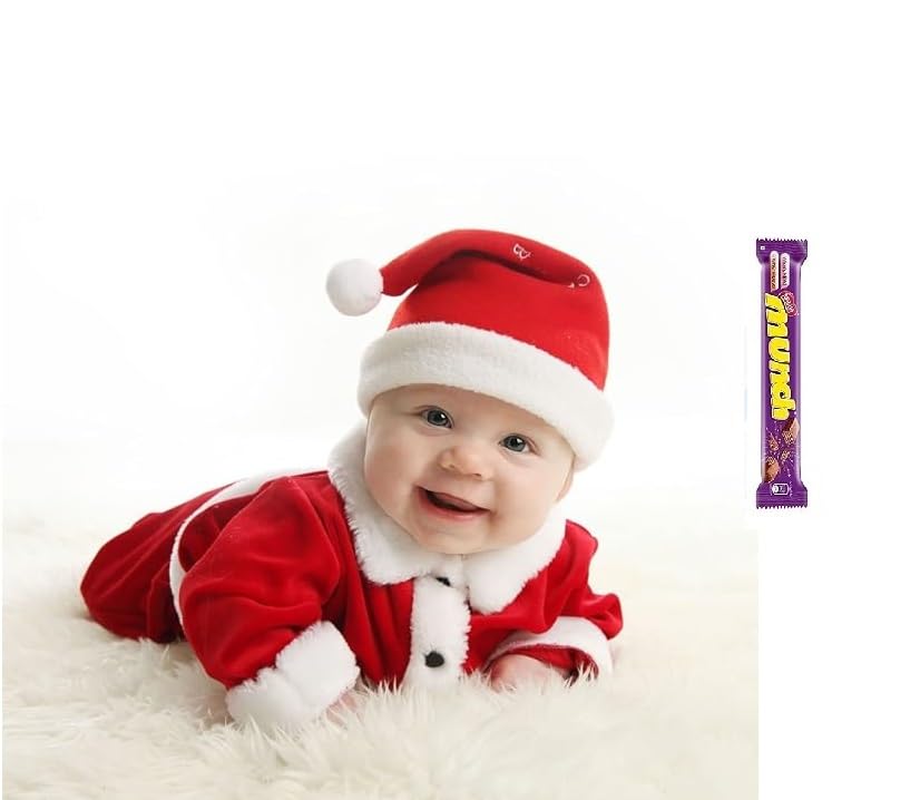 HNC Santa Claus Dress Costume in Velvet Fabric for Baby Boys Girls Kids (6 Months – 12 Months) With Chocolate, Cap, Hat, Pant, Shirt and Pouch For Christmas/New Year (Premium Series)