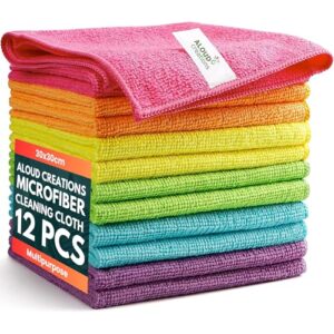 ALOUD CREATIONS 12Pc Microfiber Cleaning Cloths | Highly Absorbent Cleaning Supplies | Lint Free Cloths for Multiple Use | Powerful Dust Removal Cleaning Rags for House, Kitchen, Car Care | 30x30cm