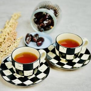 BlackCarrot Japan Kitchen and Dining Luxury Tableware Black Check Collection Coffee and Tea Stoneware Cup Saucer Set of 2, 200 ML