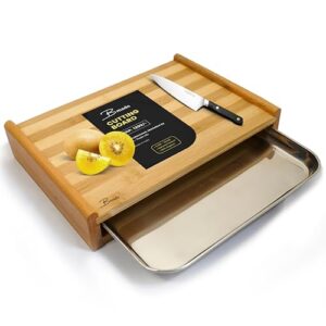 Bmado Homefull Wooden Cutting Board with Tray – Bamboo Chopping Board with Stainless Steel Pull Out Sliding Drawer Pan Tray Container(32 x 22 x 6 cm)