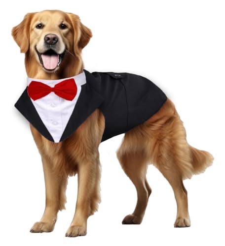 Buraq Pets Dog Tuxedo Dress Suit Bandana Set, Bow tie, Wedding Party Suit, for Small Medium Large, Male and Female Dogs Golden Retriever, Labrador, shitzu, Pug (S – Black)