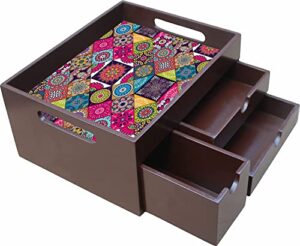 Enigmatic woodworks Wooden Multi Tray with 3 Drawers for Home & Kitchen I Storage Tray I Serving Tray I Dining Table I Multipurpose (Size-26L X 21B X 13H (cm) Color-Brown Glossy I Theme – Rangoli)