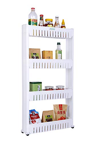 FLIPZON 4 Layer Multipurpose Plastic Storage Organizer Slim Rack Shelf with Wheels | Slim Slide Out Kitchen Trolley Rack Holder Storage Organizer for Kitchen, Bathroom (White, Tiered Shelf)