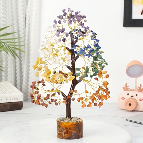 HindCraft Seven Chakra Crystal Tree Good Luck Showpiece for Home Decor Items Crystals Gemstones Bonsai Money Tree for Good Luck, Decoration Gift Item, Multicolor Golden Wire-8-10 Inches-200 Beads