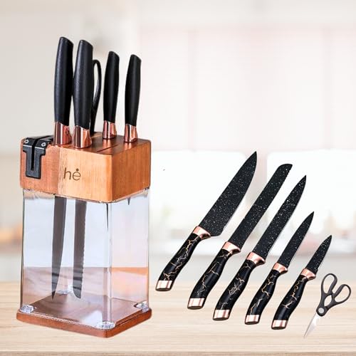 HomeEssentials Premium Stainless Steel Knife Set – 5 Knifes + 1 Scissor with Built in Heavy Iron Knife Sharpener, Wooden Block Cover | Kitchen Essentials, Fish Cutting Knife,Scissors for Kitchen Use