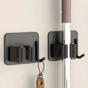 JIALTO 2 Pcs Stainless Steel Broom Holder with Hook – Wall-Mounted Adhesive Storage for Brooms, Mops, and More in Home and Kitchen