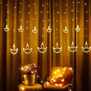 One94Store 10 Diya 138 Led Curtain String Lights Window Curtain Lights with 8 Flashing Modes Decoration for Diwali, Christmas, Wedding, Home, Patio Lawn Warm White (138 Led-Diya, Copper, Pack of 1)