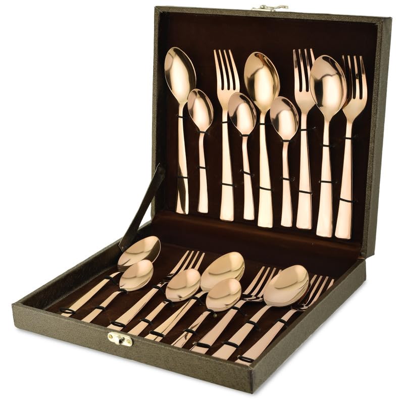 Parage 18 Pieces Premium Stainless Steel Golden Cutlery Set, Home & Kitchen with Gift Box, PVD Rose Gold (6 Pieces Each Table Spoons, Table Forks & Tea Spoons) with Leatherite Box