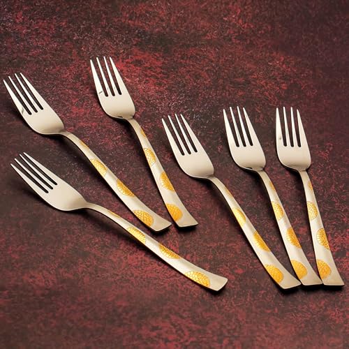 Parage 6 Pieces Stainless Steel 24k Golden Forks Set, 19 cm, Premium Forks for Home & Kitchen, Luxury Dining Cutlery Set Gift for House Warming,24 Karat Gold Plated Table Forks, Moonpress Design