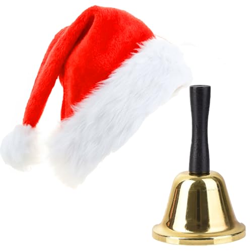 PartyToko 1pc Red Christmas Santa Hat, Soft Plush, Xmas Hat for Unisex Adults and 1pc Christmas Hand Bell Santa Claus Jingle Bells Gold Black Hand Bell -2pcs