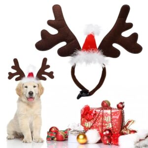 Qpets® Dog Christmas Headband, Elk Horn Dog headband with Santa Hat & Adjustable Chin Strap, Lovely Cartoon Santa Claus Hat Antlers Headband for Dogs Cats Pets Xmas Party Decor Photo Props