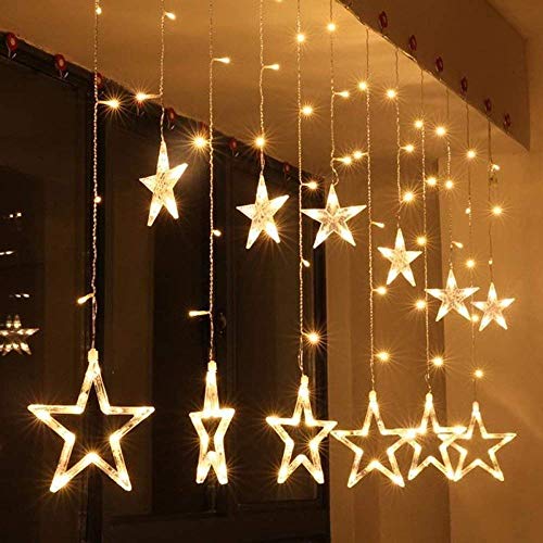 Quace 12 Stars Curtain String Lights, Window Curtain Lights with 8 Flashing Modes Decoration for Christmas, Wedding, Party, Home, Patio Lawn, Warm White – Warm White