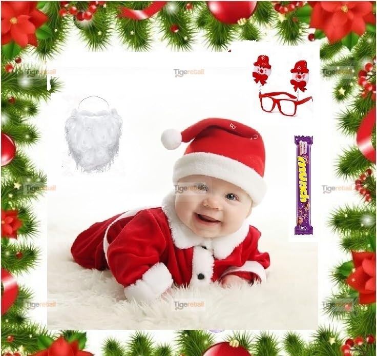 RAJKRITI Santa Claus Dress Costume in Velvet Fabric for Baby Boys Girls Kids (6 Months – 12 Months) With Cap, Pant, Shirt, Hat, Beard, Goggle and Chocolate For Christmas (Special Series)