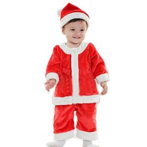 Red Color Santa Claus Dress for Babies – 4 Piece Santa Claus Dress – Santa Jacket- Santa Lower- Santa Cap- Santa Gift Bag ( 0-12 Month Babies)