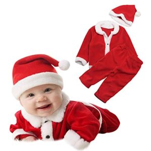 Red Color Santa Claus Dress for Kids – Unisex Dress – Dress for Girls/Boys/Unisex- 4 Piece Dress – Santa Cap- Santa Jacket- Santa Lower and Santa Gift Bag (0-12 Months Babies only)