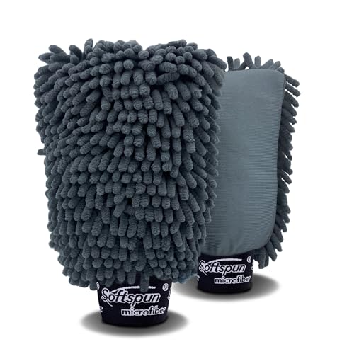 SOFTSPUN Microfiber Single Side Chenille Mitt, 2 Piece Set 1700 GSM Grey, Multi-Purpose Super Absorbent and Perfect Wash Clean with Lint-Scratch Free Home, Kitchen, Window, Dusting!