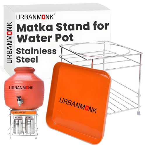 URBANMONK Stainless Steel Countertop Round Surface Water Pot Standing Shelf For Kitchen|Matka Stand For Water Pot|Pot Stand For Water Pot|Matka Stand For Kitchen|8 X 8 X 7.5 Inch, Silver