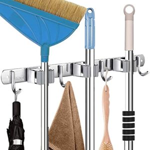 Zollyss Broom Mop Holder Wall Mount Stainless Steel Wall Mounted Storage Organizer Heavy Duty Tools Hanger with 3 Racks 4 Hooks for Kitchen Bathroom Closet Garage Office Garden 1Pc Hanging Shelves