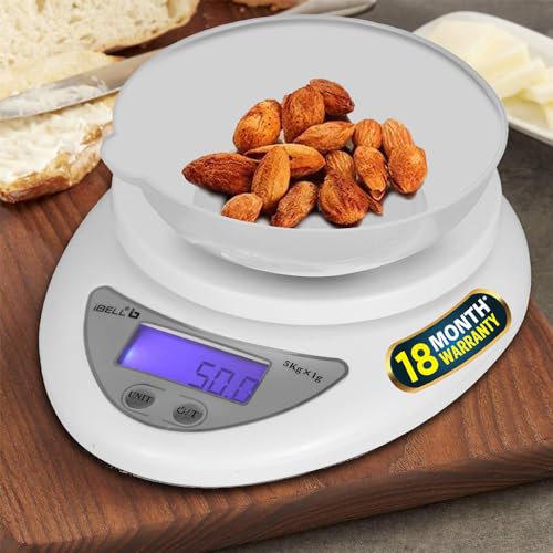 iBELL Digital Kitchen Weighing Scale for Health, LCD Display, High Precision Sensors, Tare Function, up to 5KG, Portable Food Weight Machine for Health, Fitness, Home Baking & Cooking – KS501M (White)