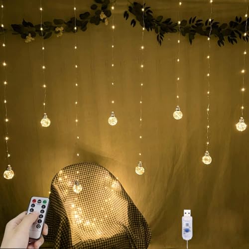 AJAY KAFTING Wishing Ball Curtain Lights 200 LED Window Curtain String Lights with Remote, USB Battery Powered Twinkle Globe Fairy Lights for Wedding Party Bedroom Christmas Decoration