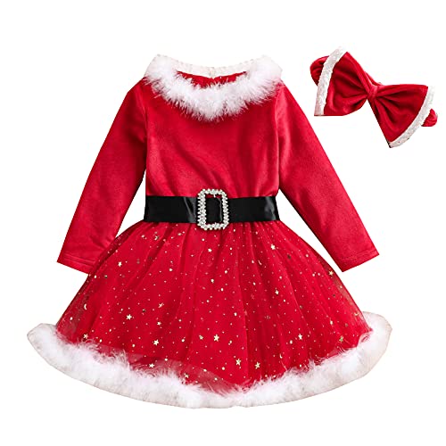 Baby Girls Christmas Dress Velvet Santa Claus Dress Long Sleeve Plush Xmas Princess Party Cosplay Costume Dress