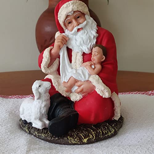 Breeze Handicrafts Poly Resin Statue of Santa Claus Statue Showpiece Christmas Decor Crib Set Decor Statue of Santa with Baby Jesus 6 inch Height, Multicolor