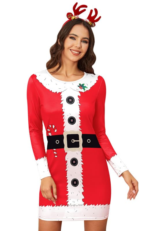 Christmas Dresses for Women Long Sleeve Candy Cute Print Santa Claus Dress L