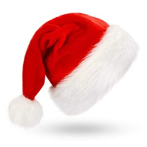 Indian Karigar Santa Cap Plush Fur Christmas Cap Unisex Santa Hat for Adult & Kids Comfortable Soft Free Size Santa Clause Hat Cap Christmas Decorations Items Christmas Decor Santa Caps Set of 1 Red