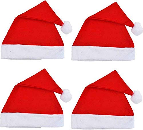 Jamboree 4 Pc Santa caps Red Hat Short Plush with White Cuffs Non-Woven Fabric Christmas Hat Santa Hat for Adults Pack of 4 Pcs