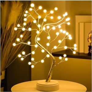 Plastic Led Bonsai Table Lamp,DIY Artificial Tree Lamp with 36 Pearls,Touch Switch,Fairy Night Light Spirit Powered by USB Or Battery for Christmas Desktop,Indoor Night,Spaces Decoration(Gold)