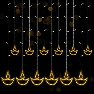 SLINCE 12 Diya Curtain String Lights for Decoration | Window Lights with 8 Flashing Modes for Home Decoration for Diwali, Wedding, Party, Christmas, Balcony – Warm White | 2.5 Meters (Diya)