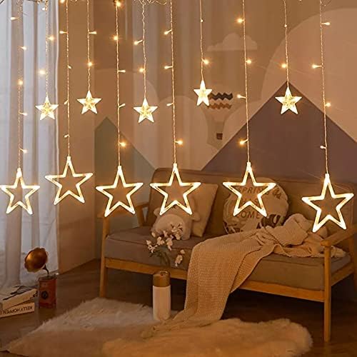 The Purple Tree Decorative Star Curtain LED Lights for Diwali (2.5 mtr, 138 LED, 6+6 Star), Curtain String Lights with 8 Flashing Modes, Decoration for Christmas, Wedding, Party, Warm White