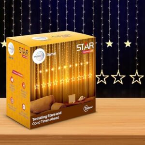 Wipro Garnet 12 Stars Curtain LED Festive Lights | Indoor String Lights | Decoration for Diwali, Christmas, Wedding, New Year and Home |6 Large and 6 Small Stars | Warm White, 108 LEDs, Pack of 2