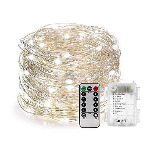 XERGY 100 Led Battery Box&Remote&8 Mode Functions Silver Wire Led Christmas Nye Decoration Fairy String Lights (Cool White) ,10 meters