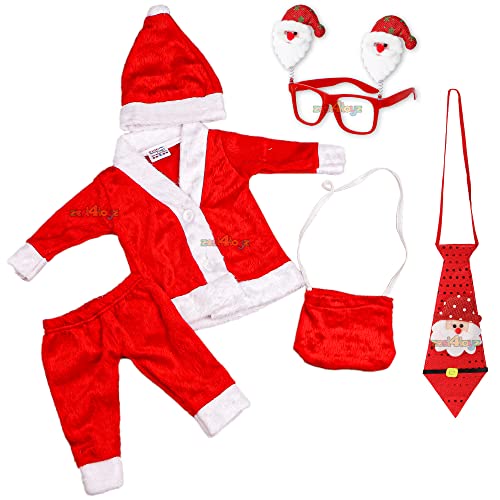 Zest 4 Toyz Santa Claus Dress Christmas Fleece Costume for Girls Jacket Pant Cap Gift Pouch and Christmas Party Goggle Frame & Neck Tie for Newborn to 6 Months Babies